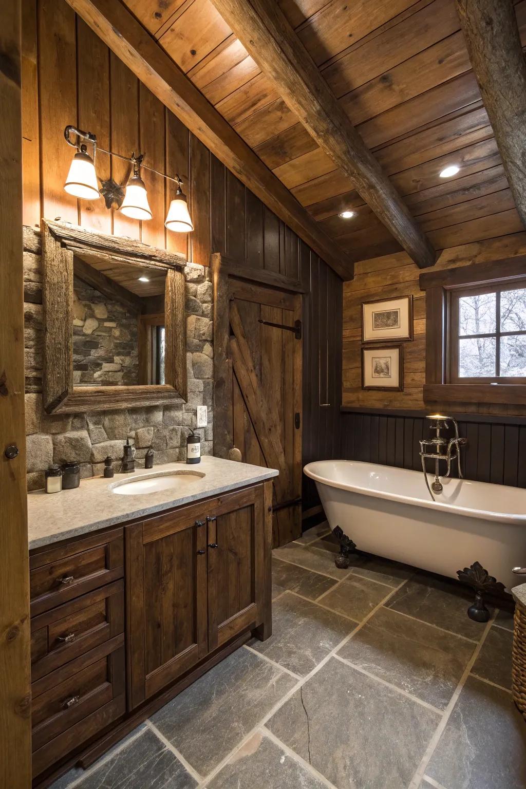 Rustic wood panels add a textured backdrop to this inviting bathroom.