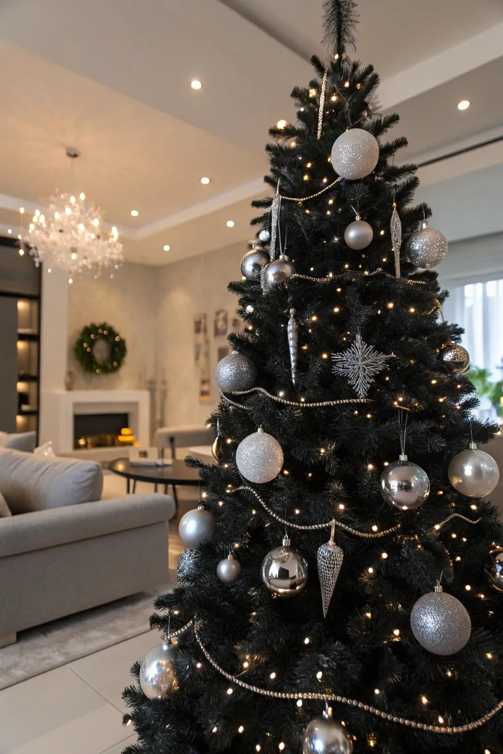 A black tree with shimmering silver ornaments.