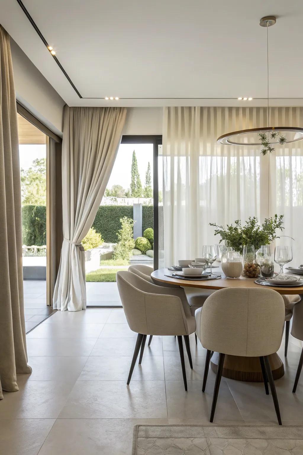 Minimalistic curtains for a modern dining room.