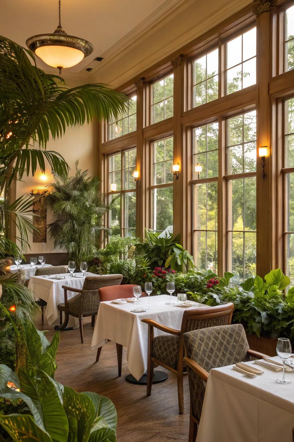 Natural light and greenery create a refreshing dining atmosphere.