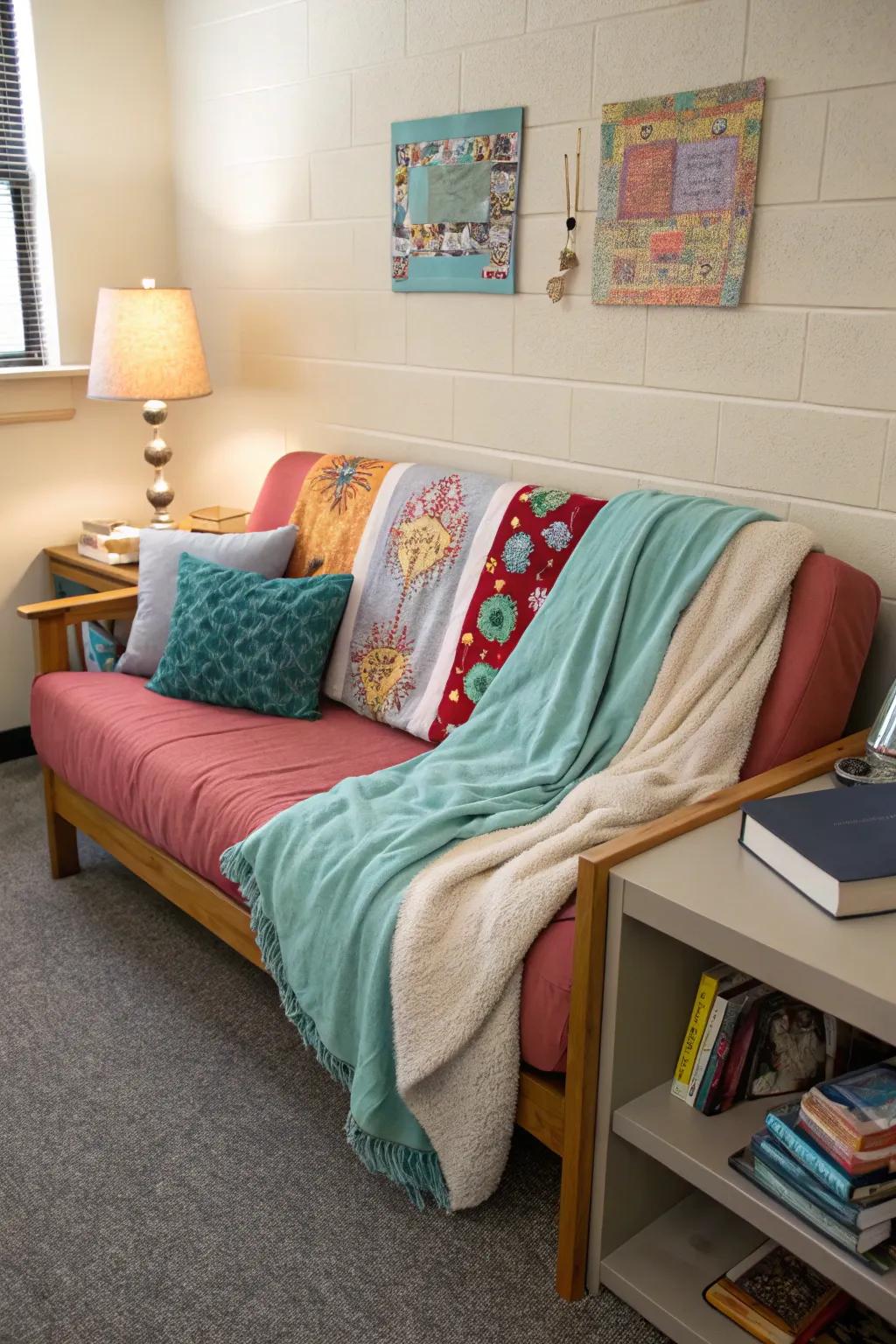 Cushions and throws add comfort and style to this dorm room couch.