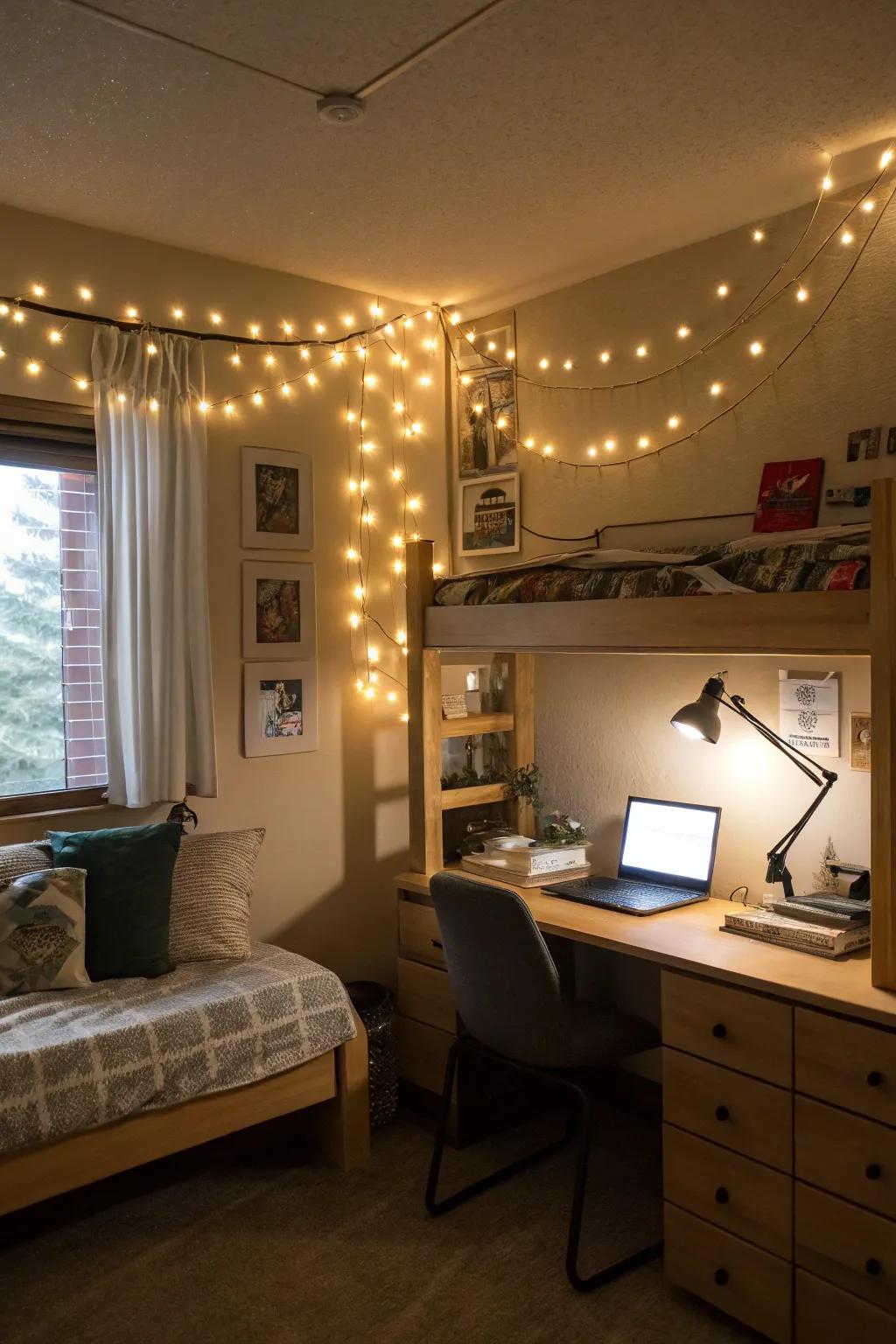 Layered lighting creates an inviting dorm room atmosphere.