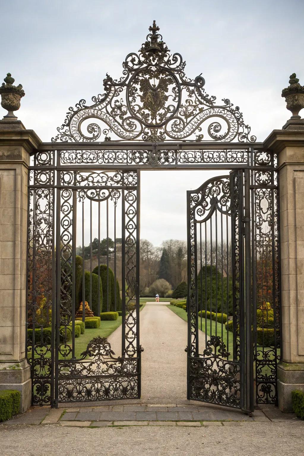 An ornate iron double swing gate making a grand entrance statement.