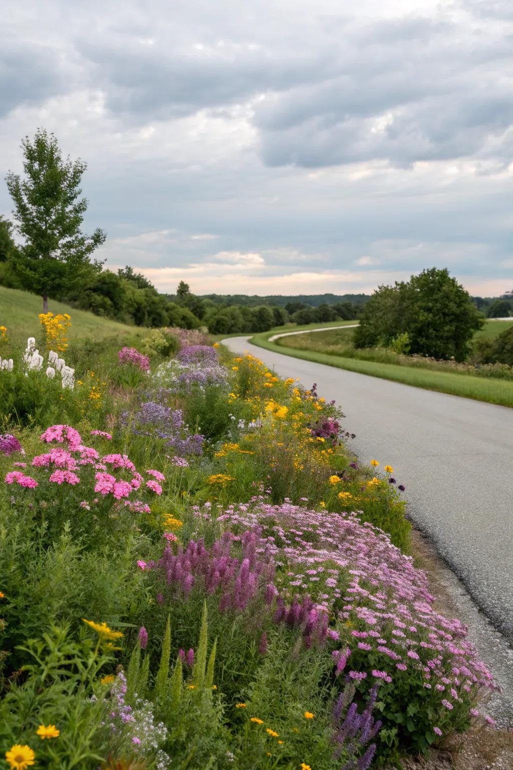 A wildflower haven adds a natural charm to the driveway.