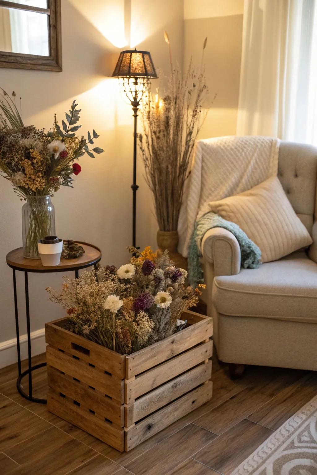 Rustic charm with dried flowers and wooden accents.