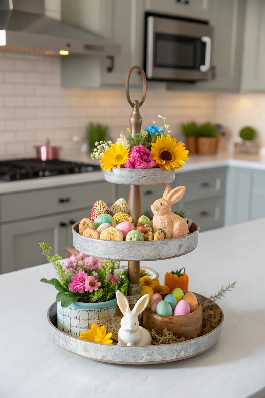 Tiered trays elegantly display small Easter decor items.