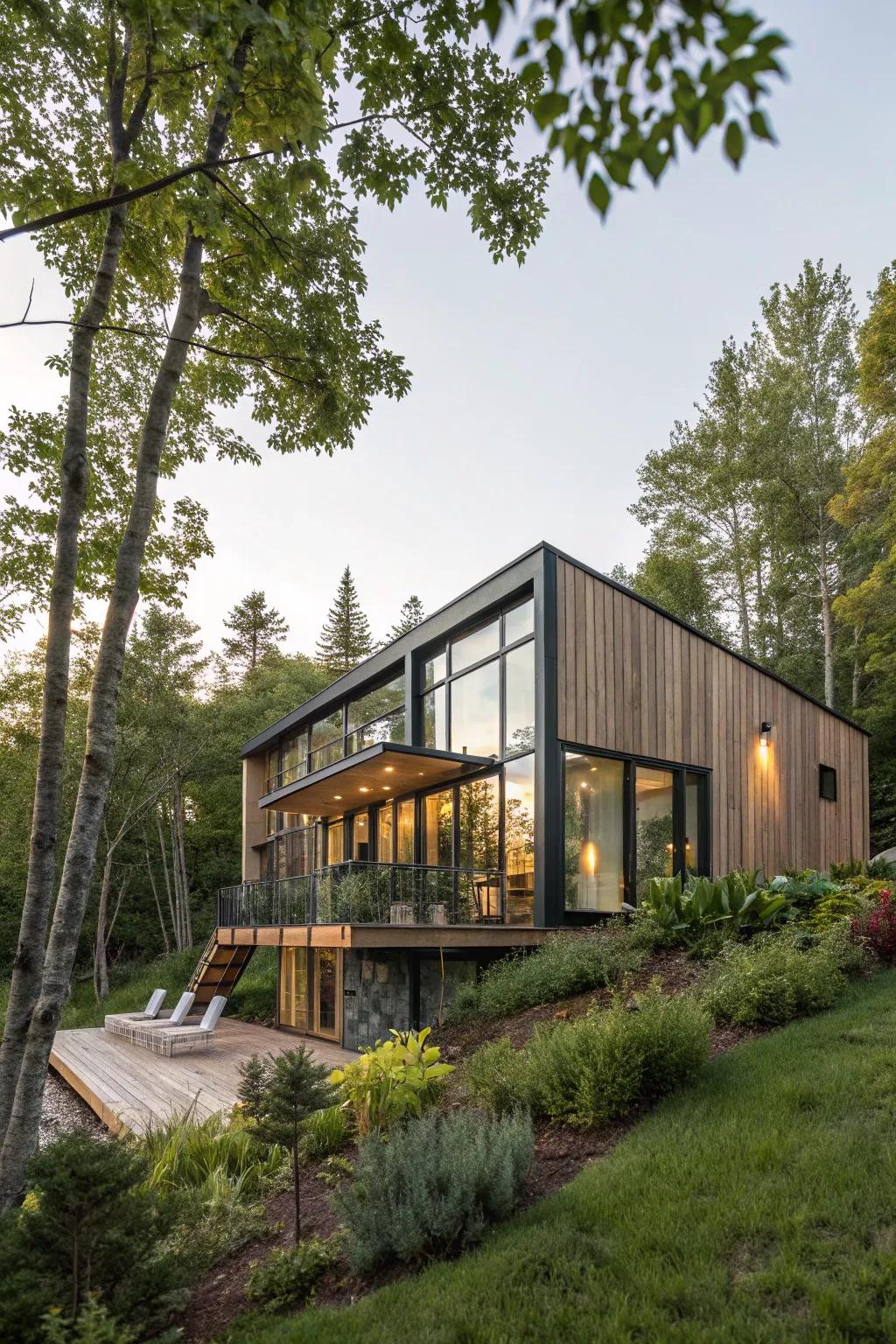 A stylish modular home made from sustainable materials, nestled in a natural setting.