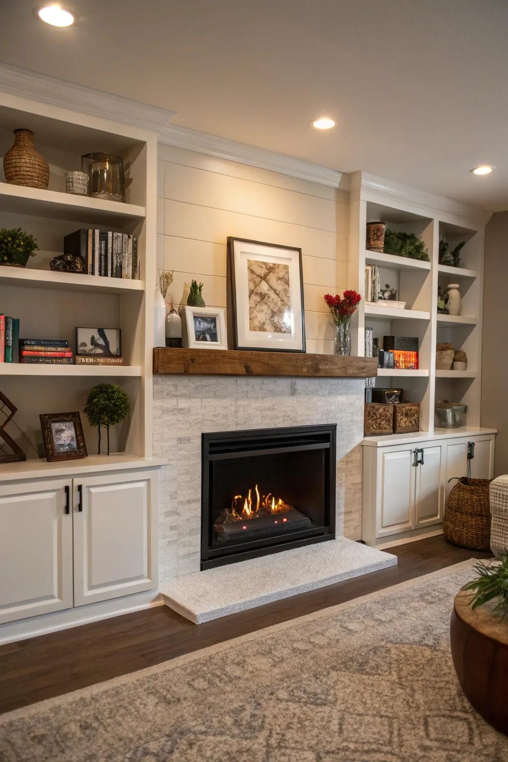 A built-in fireplace that offers both style and storage.