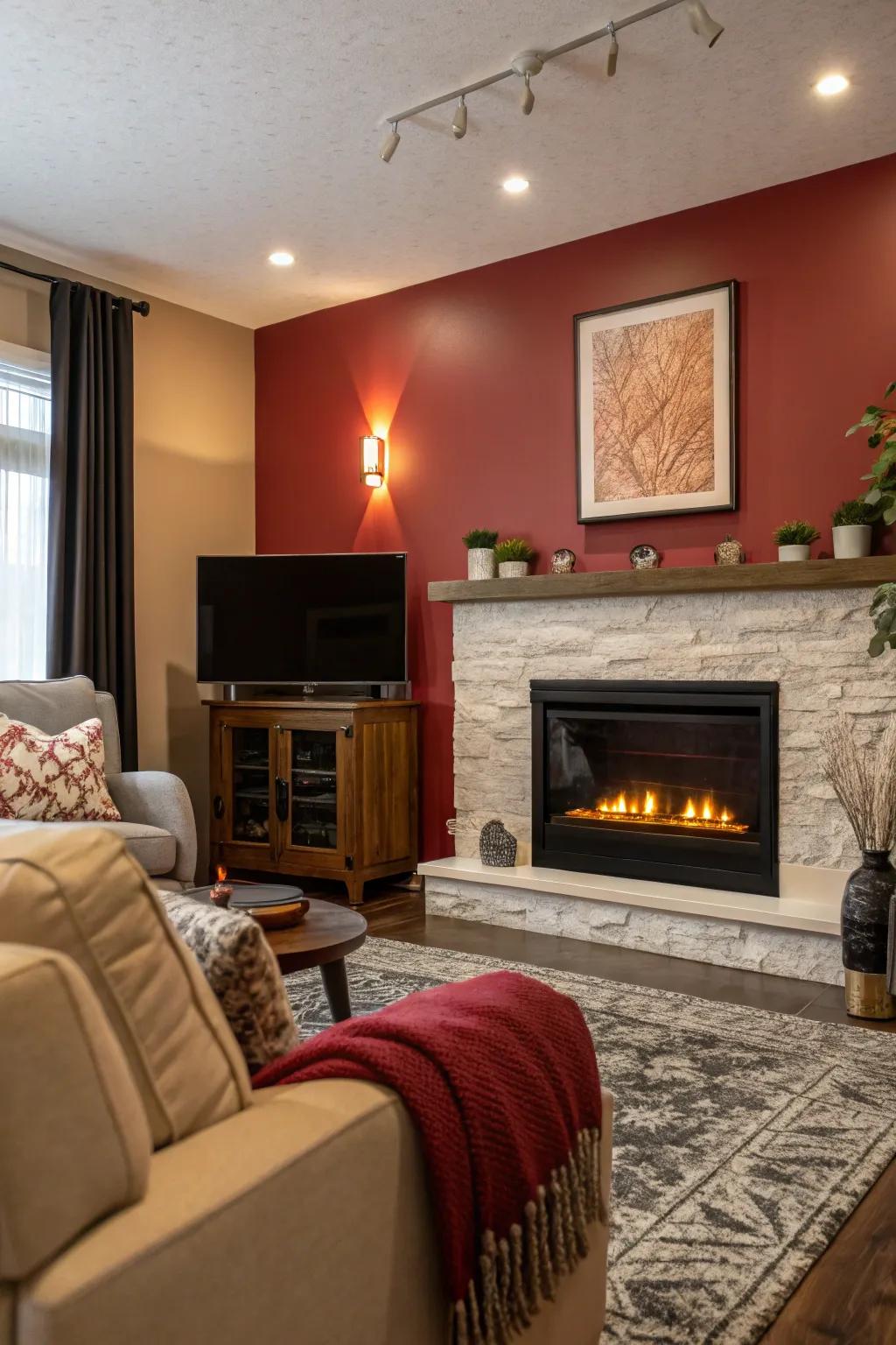 A living room with a bold-colored accent wall featuring an electric fireplace.