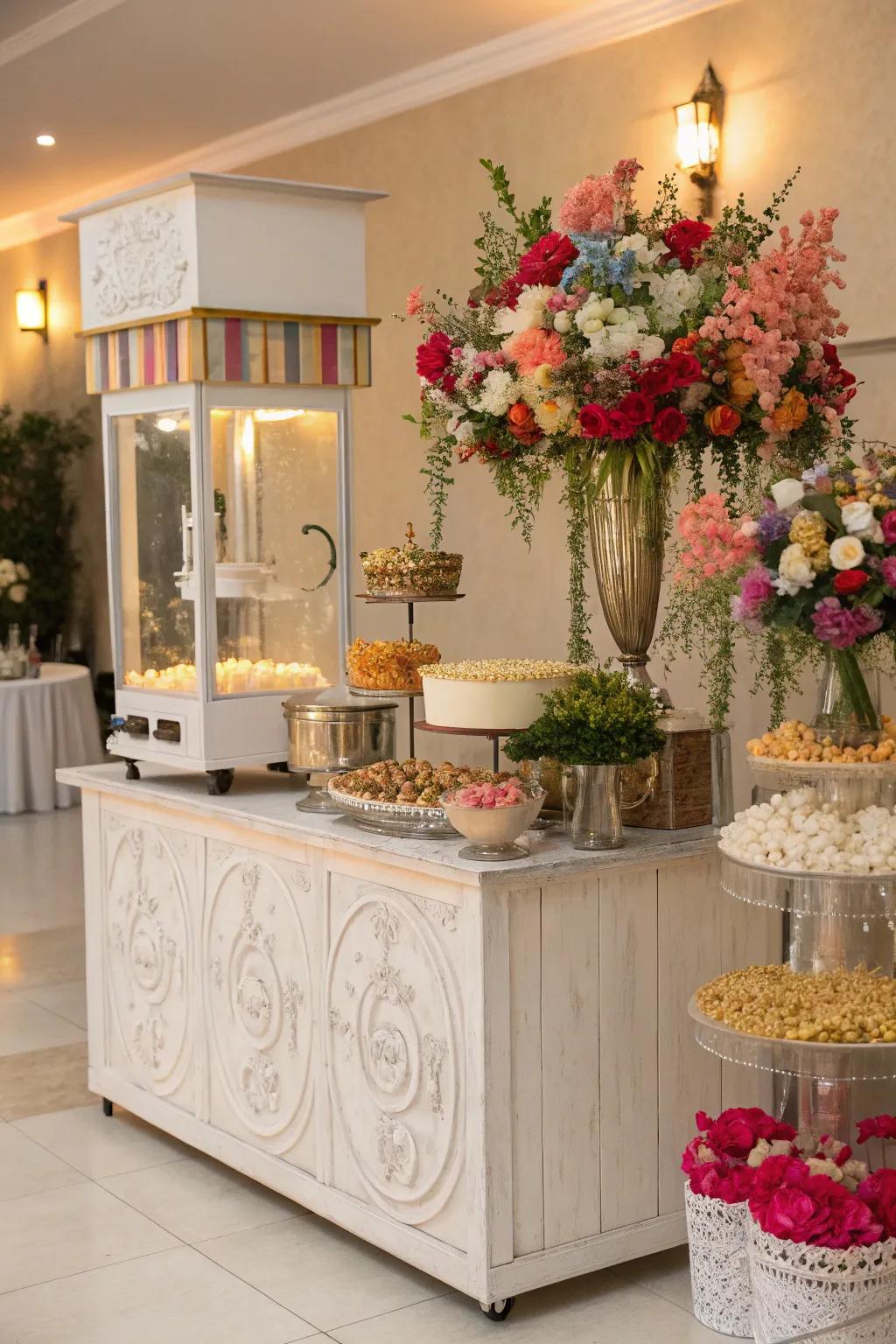 A sophisticated popcorn bar table with lush floral decorations, enhancing the wedding's elegance.