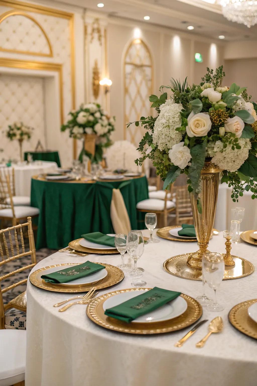 A sophisticated color palette of emerald green, gold, and ivory.