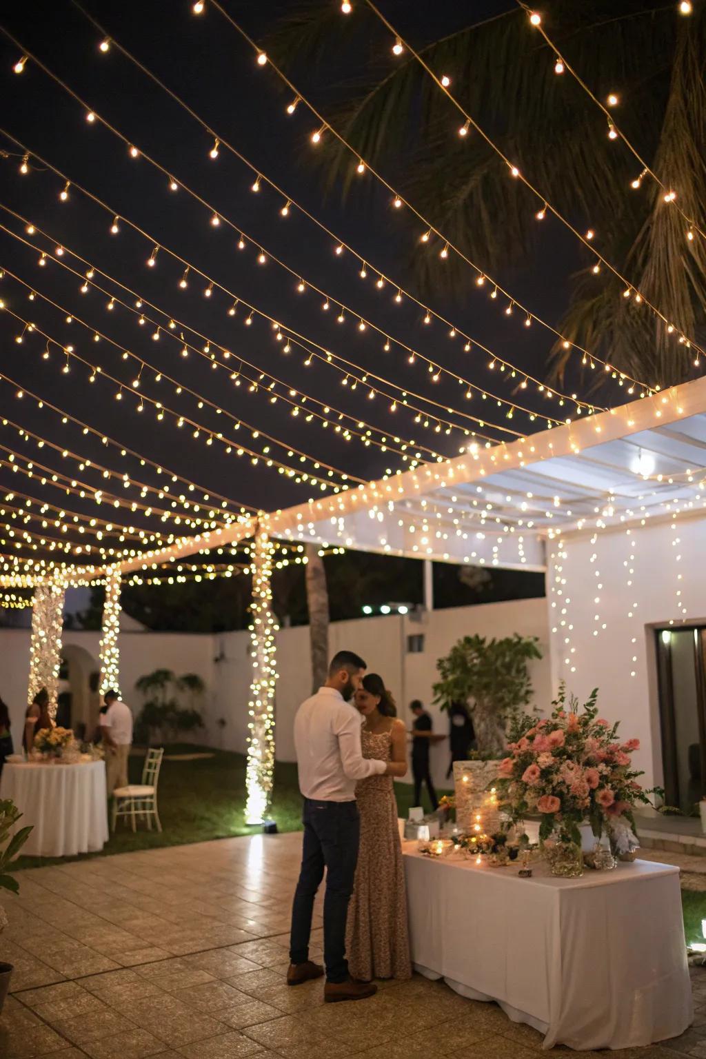 String lights casting a warm glow over an engagement party.