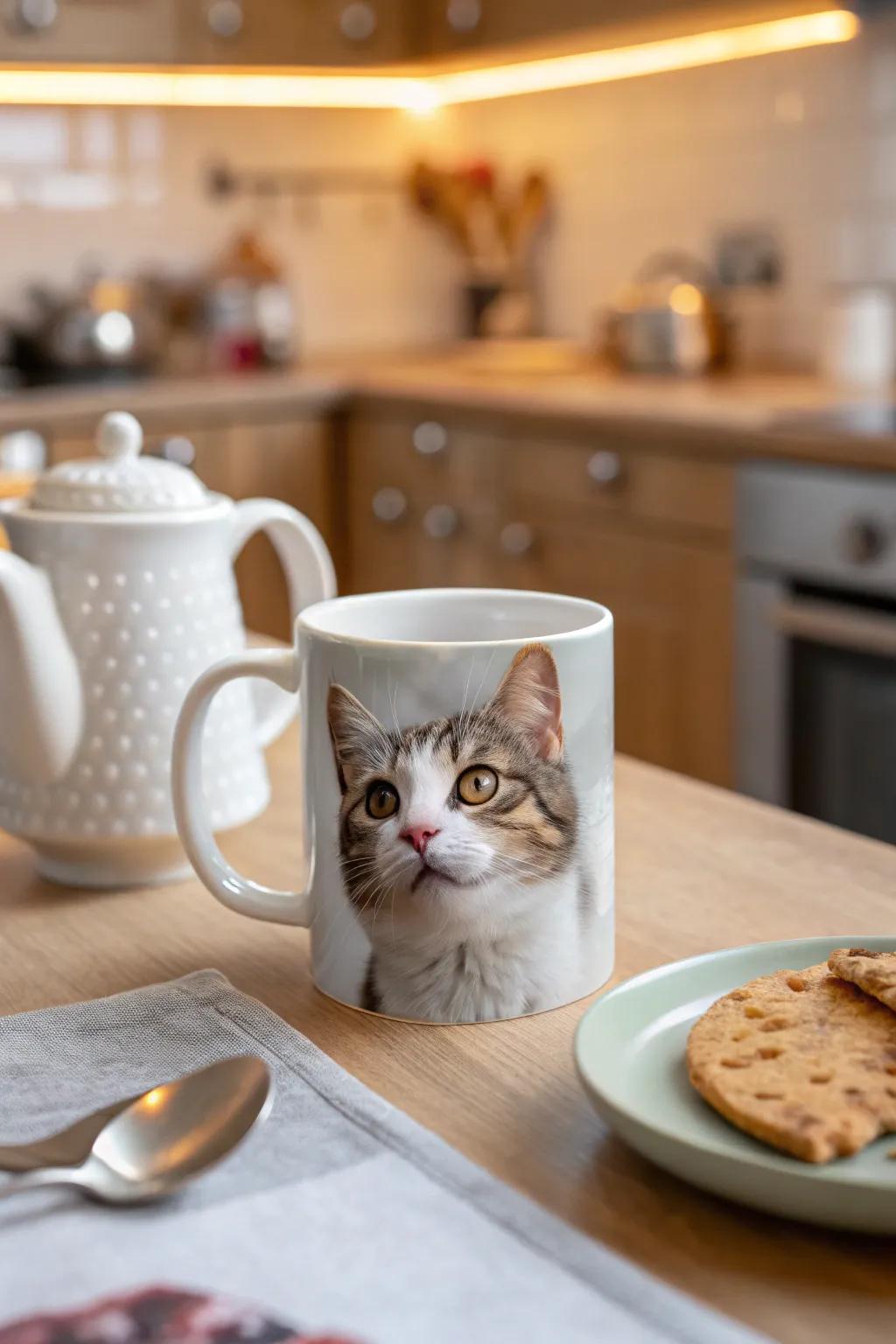 A personalized face mug displaying your cherished pet's face.