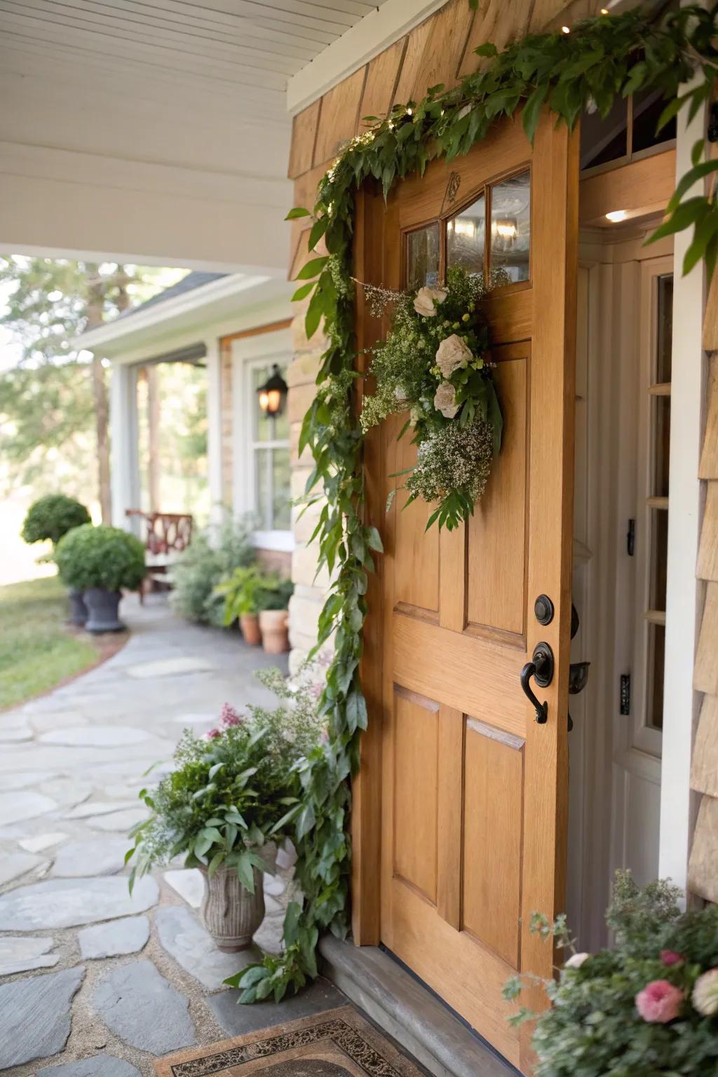 A lush garland of autumn leaves adorns the entrance.