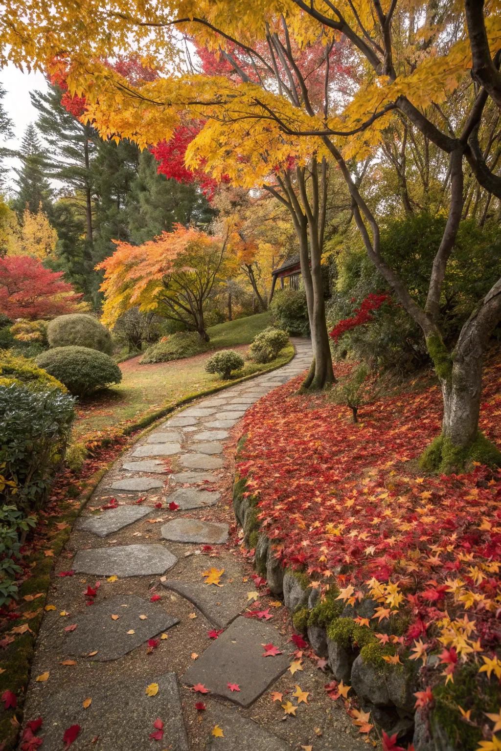 A carpet of leaves adds rustic charm.