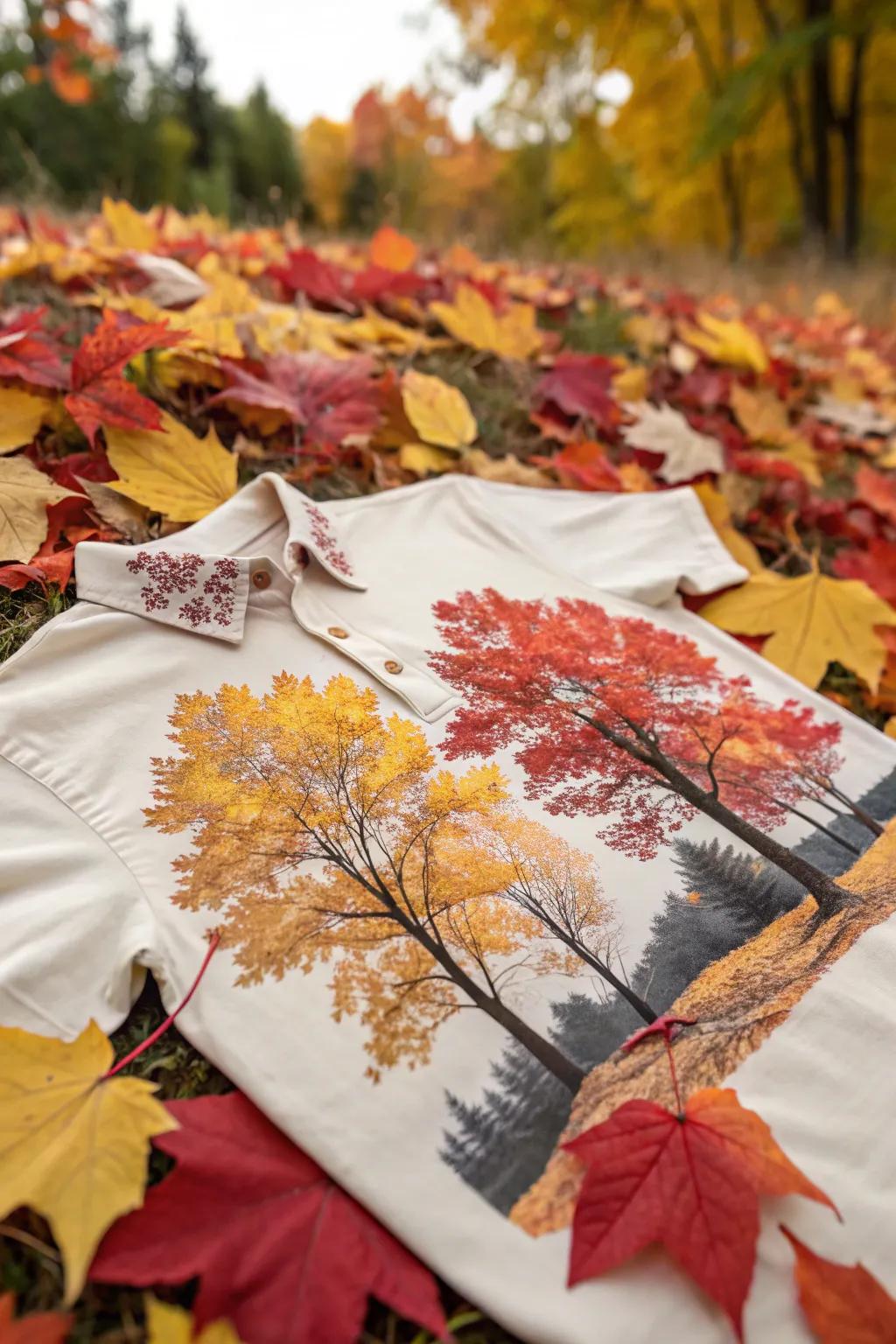 Shirts featuring nature-inspired drawings bring the autumn season to life.