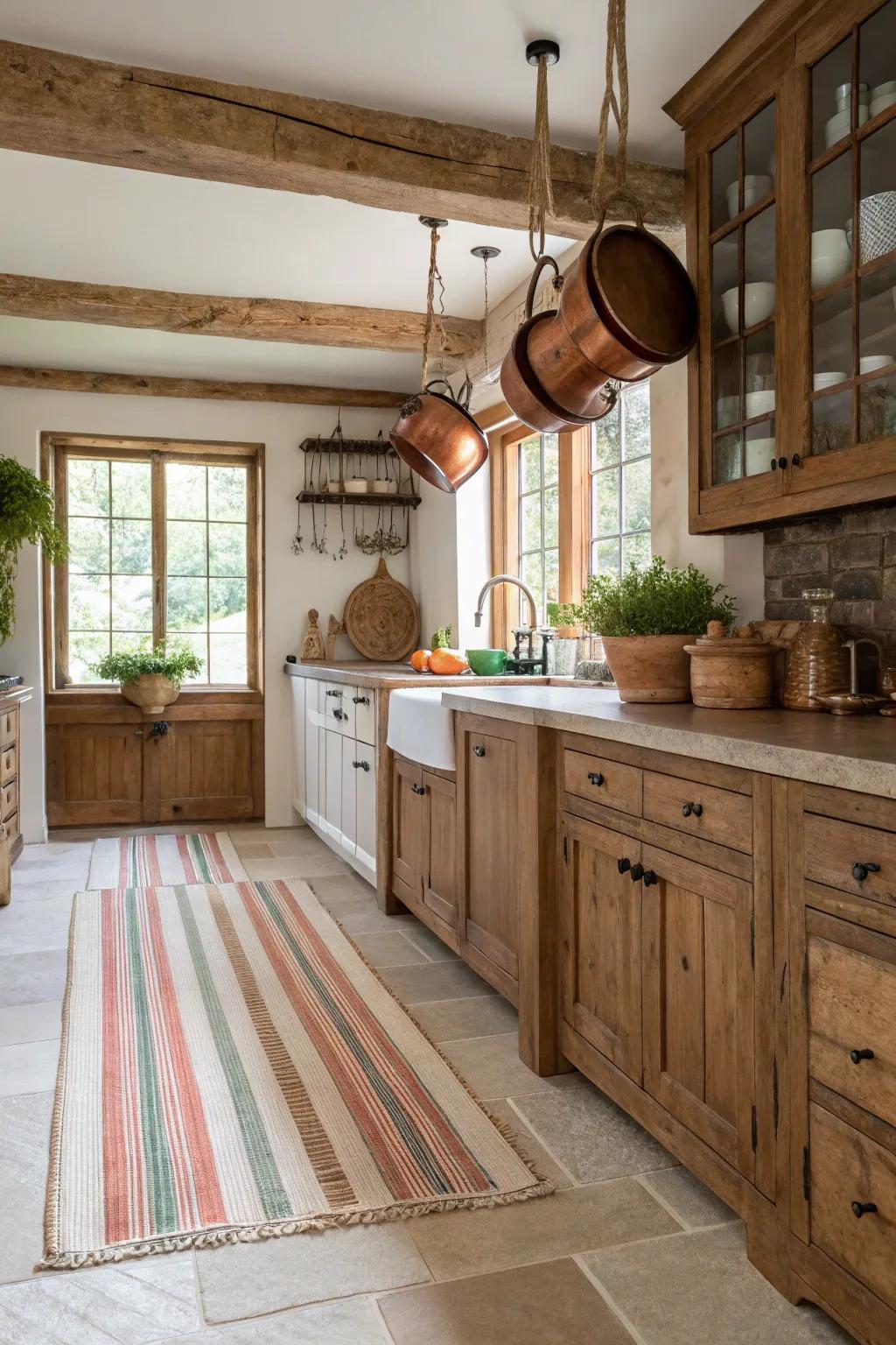 Striped rugs bring a casual, country feel to a farmhouse kitchen.