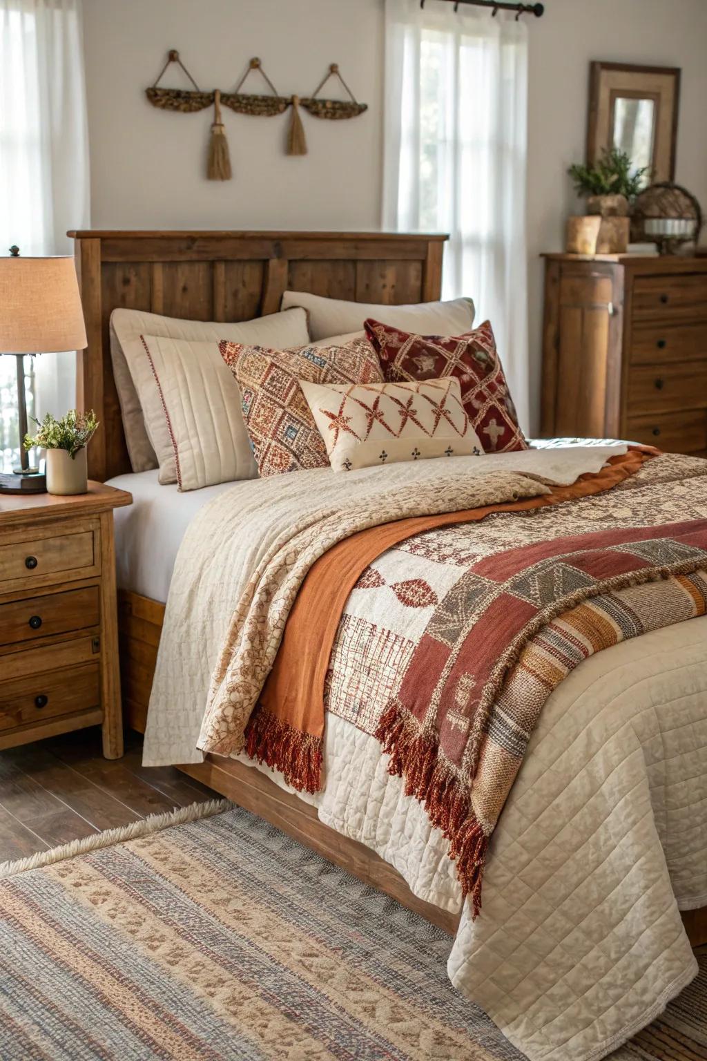 Textured bedding creates a welcoming and comfortable retreat.