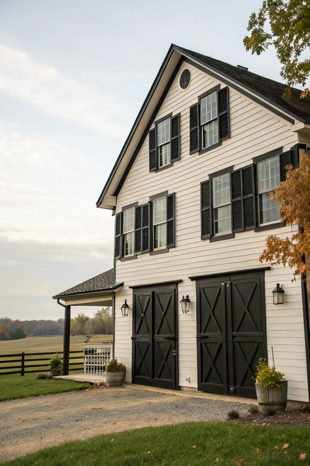 Bold black accents add sophistication to this farmhouse.