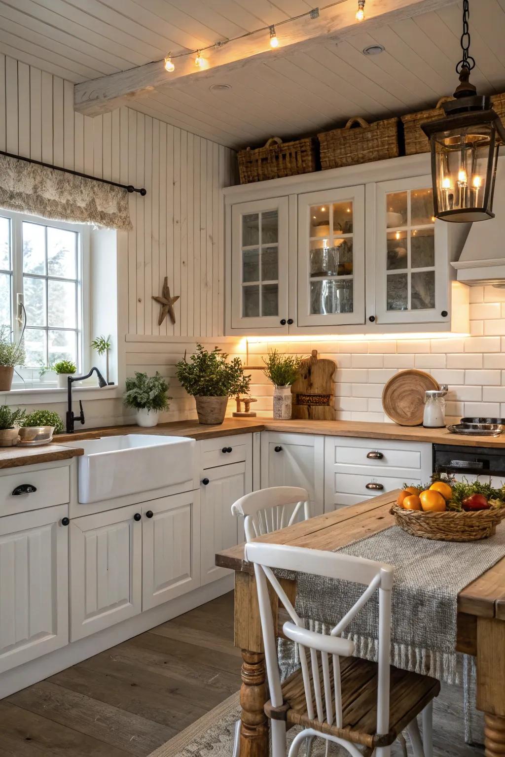 White grooved-panel delivers texture and dimension, impeccably complementing the white cabinets.