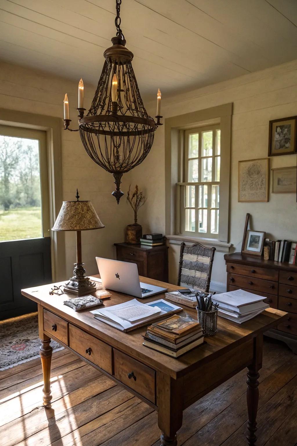 Country-style lighting establishes a warm atmosphere.