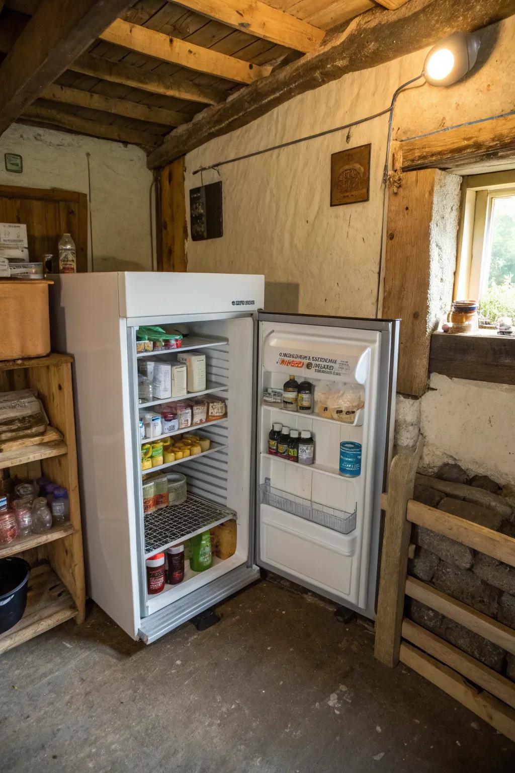 A mini fridge keeps perishables fresh and handy.