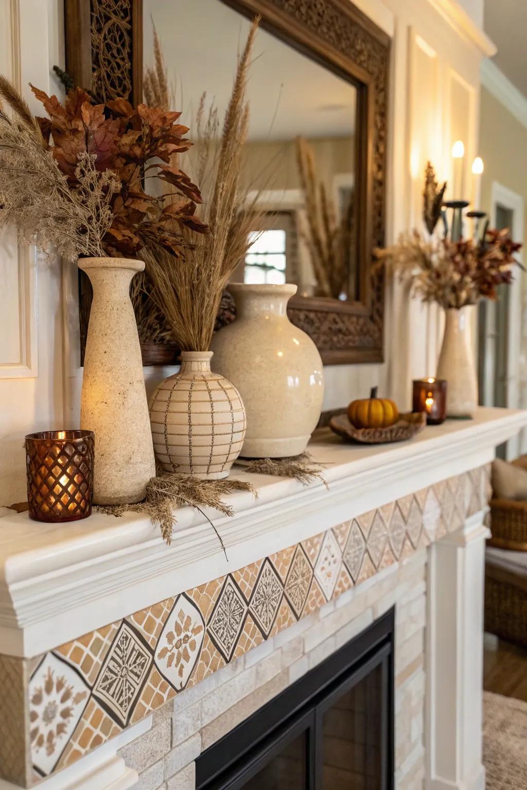 A mantel flaunting neutral tones, exuding warmth and comfort.