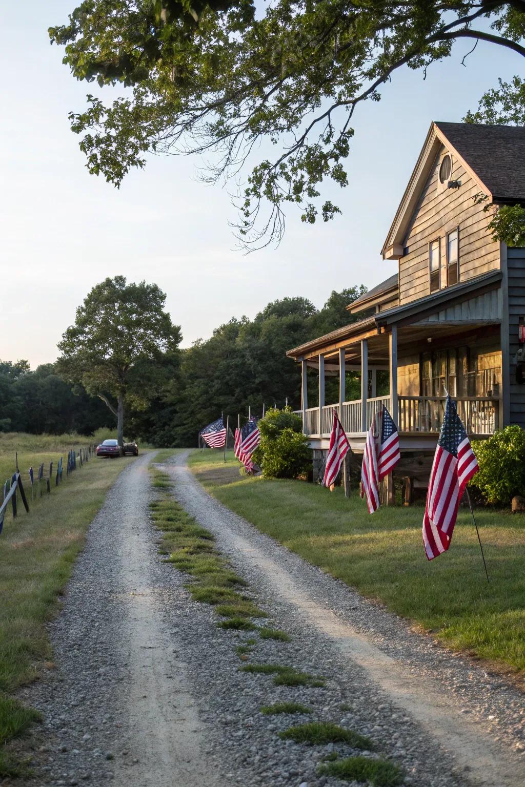 A rustic flag lot driveway with a gravel surface leading to a charming countryside house.