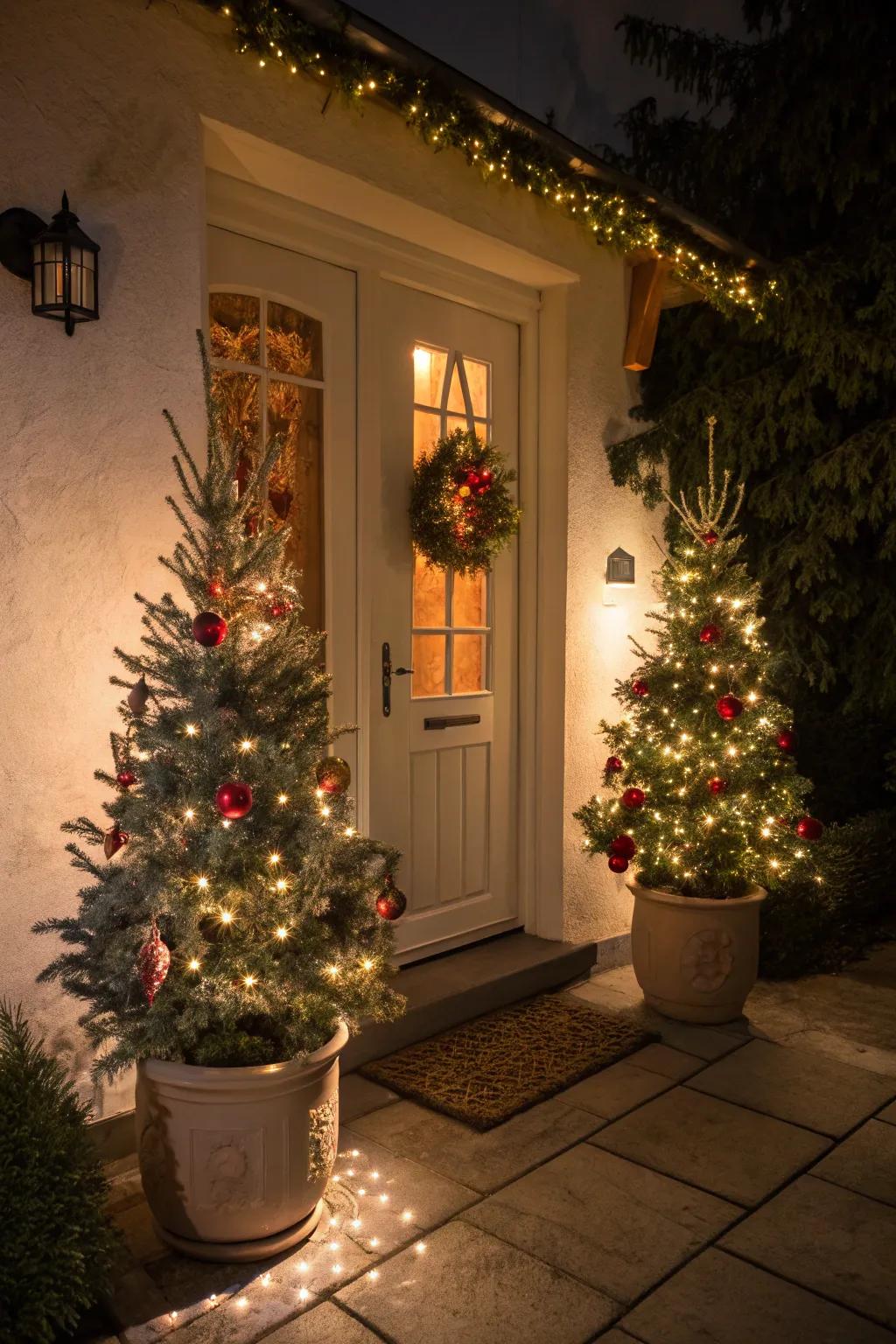 Symmetrical mini Christmas trees by the front door.