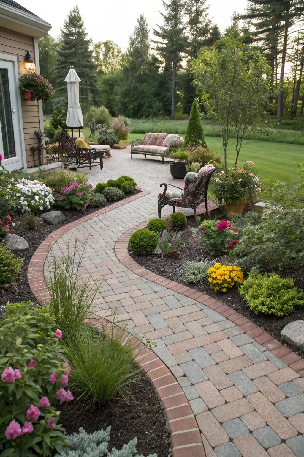 Curved brick designs add a dynamic flair to the landscape.