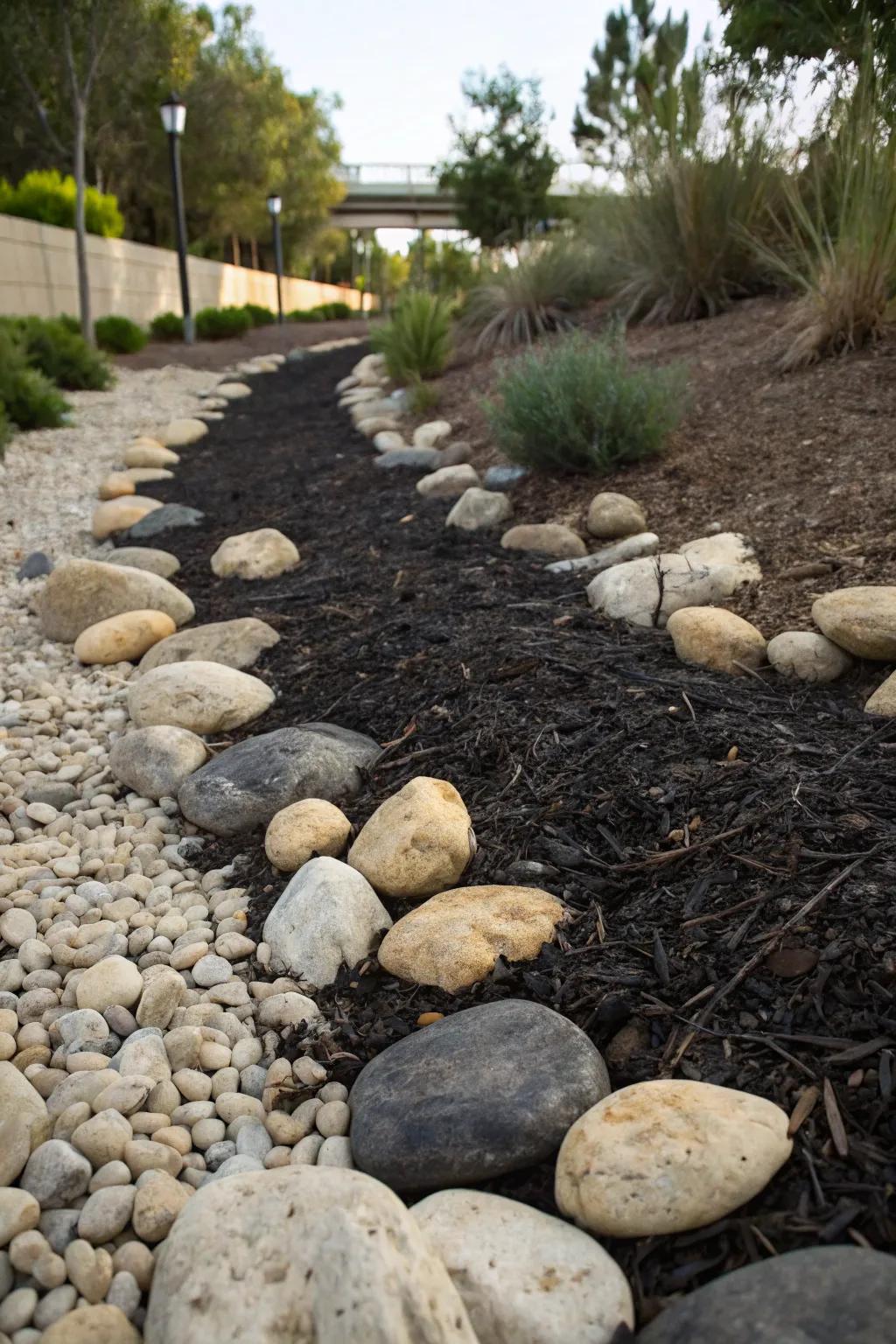 Contrast rocks with dark mulch for a striking creek bed design.