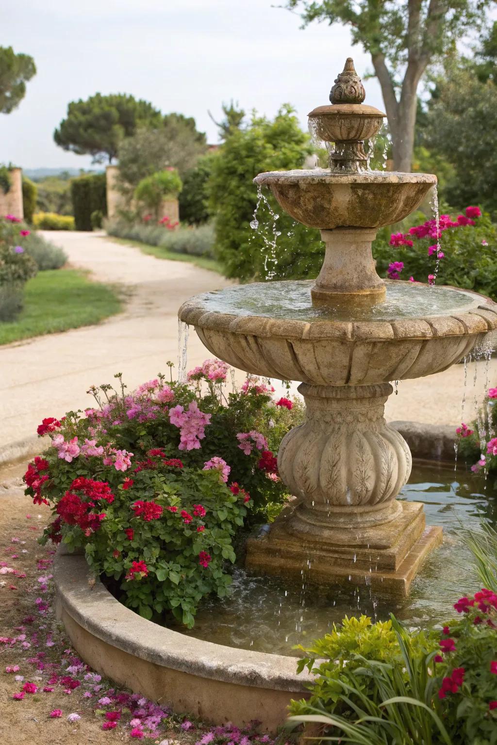 A charming fountain adds a peaceful element to this Mediterranean-inspired garden.