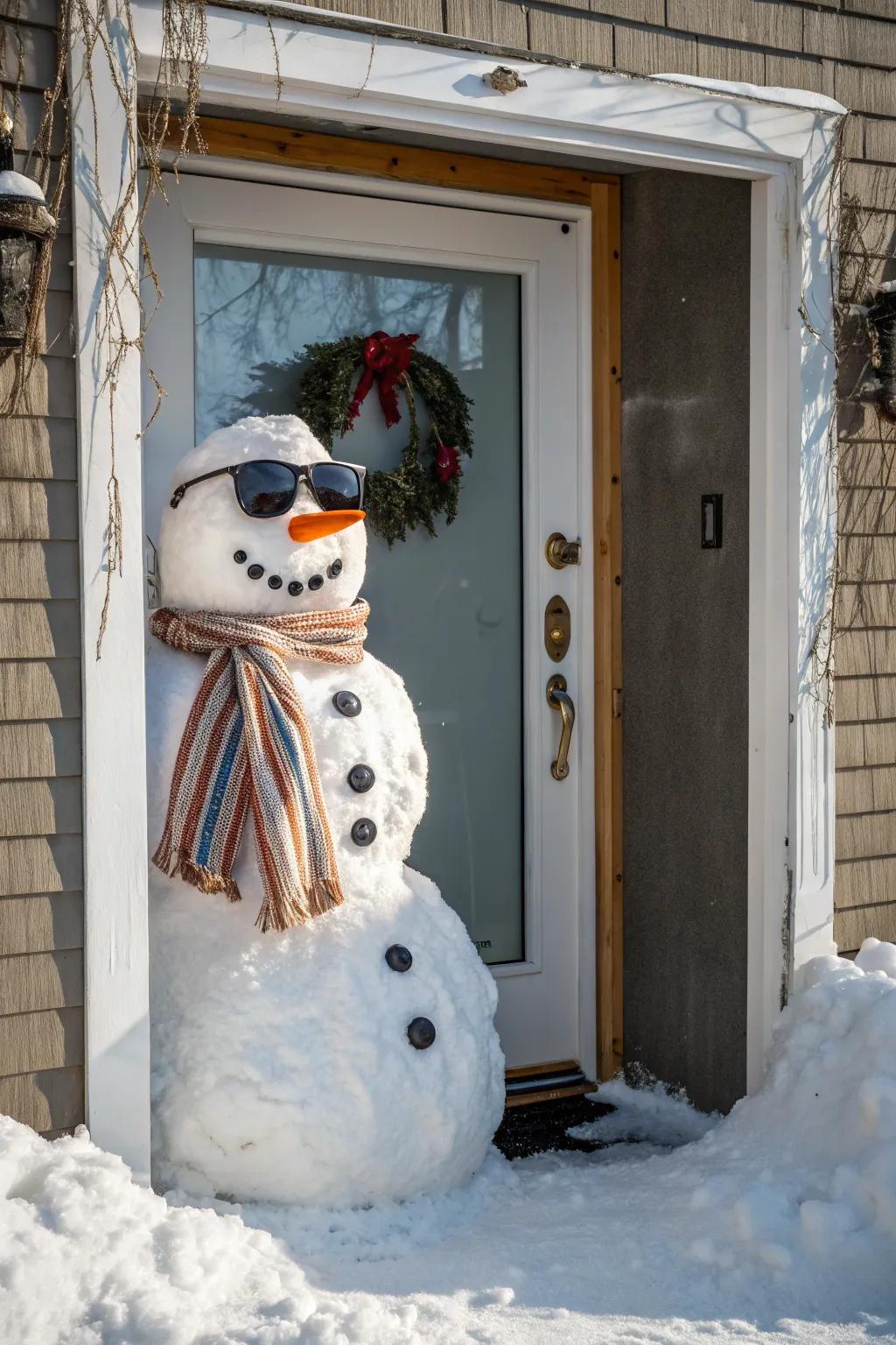 A snowman selfie station on your door for a fun and interactive Christmas decoration.