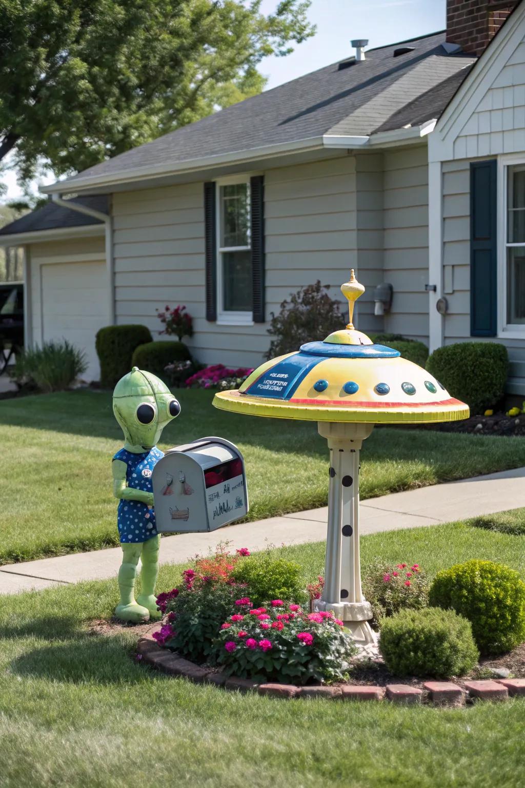 A spaceship mailbox ready for takeoff, complete with an alien co-pilot.