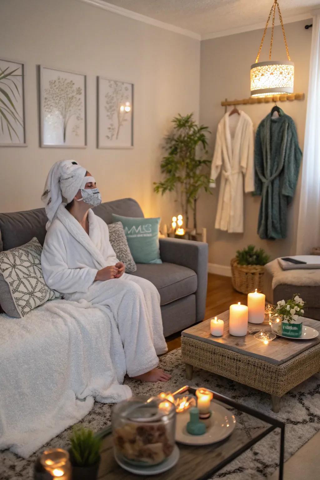 A peaceful spa atmosphere for a calming Galentine's Day evening.