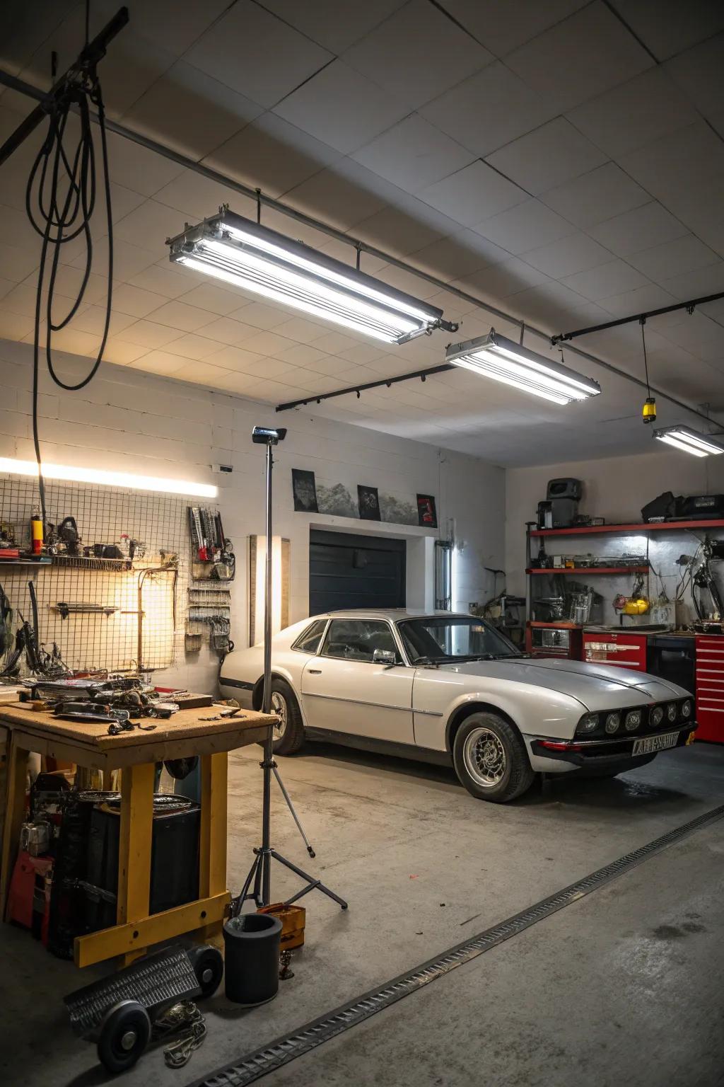 Effective lighting changes a dark garage into a bright, inviting space.