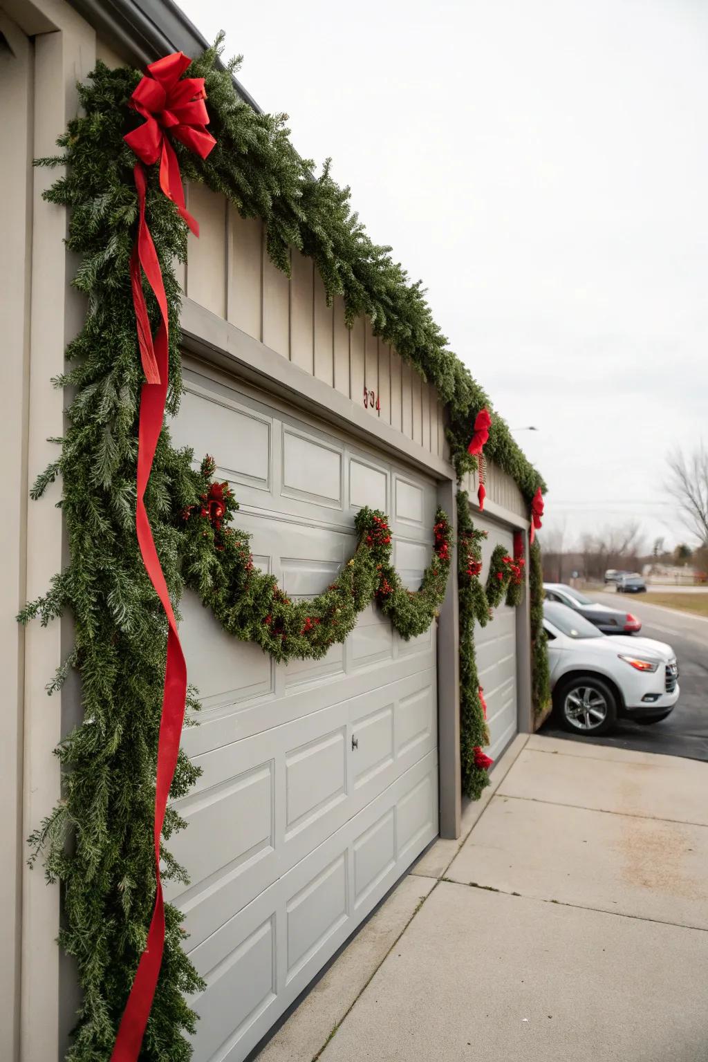 Garage door embellished with traditional bunting and scarlet ribbons.