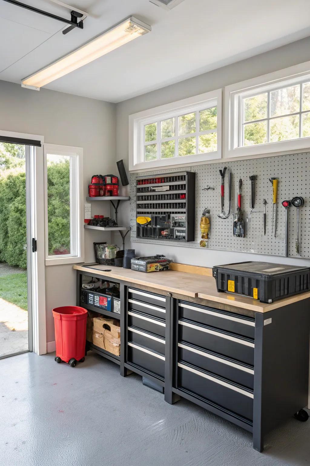 A workbench provides a dedicated space for projects.