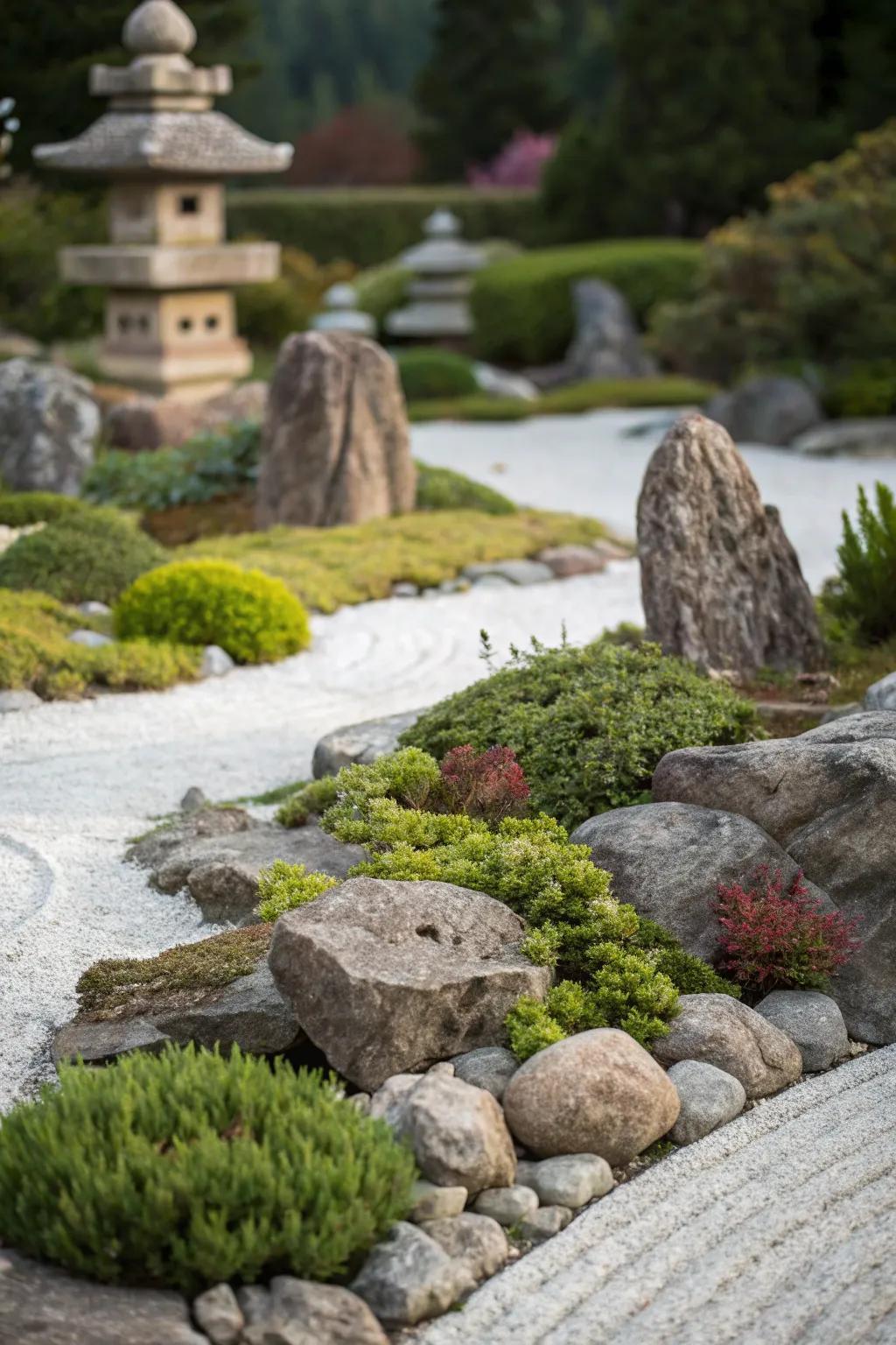 A rock garden with stones of varying sizes, interspersed with lush greenery.