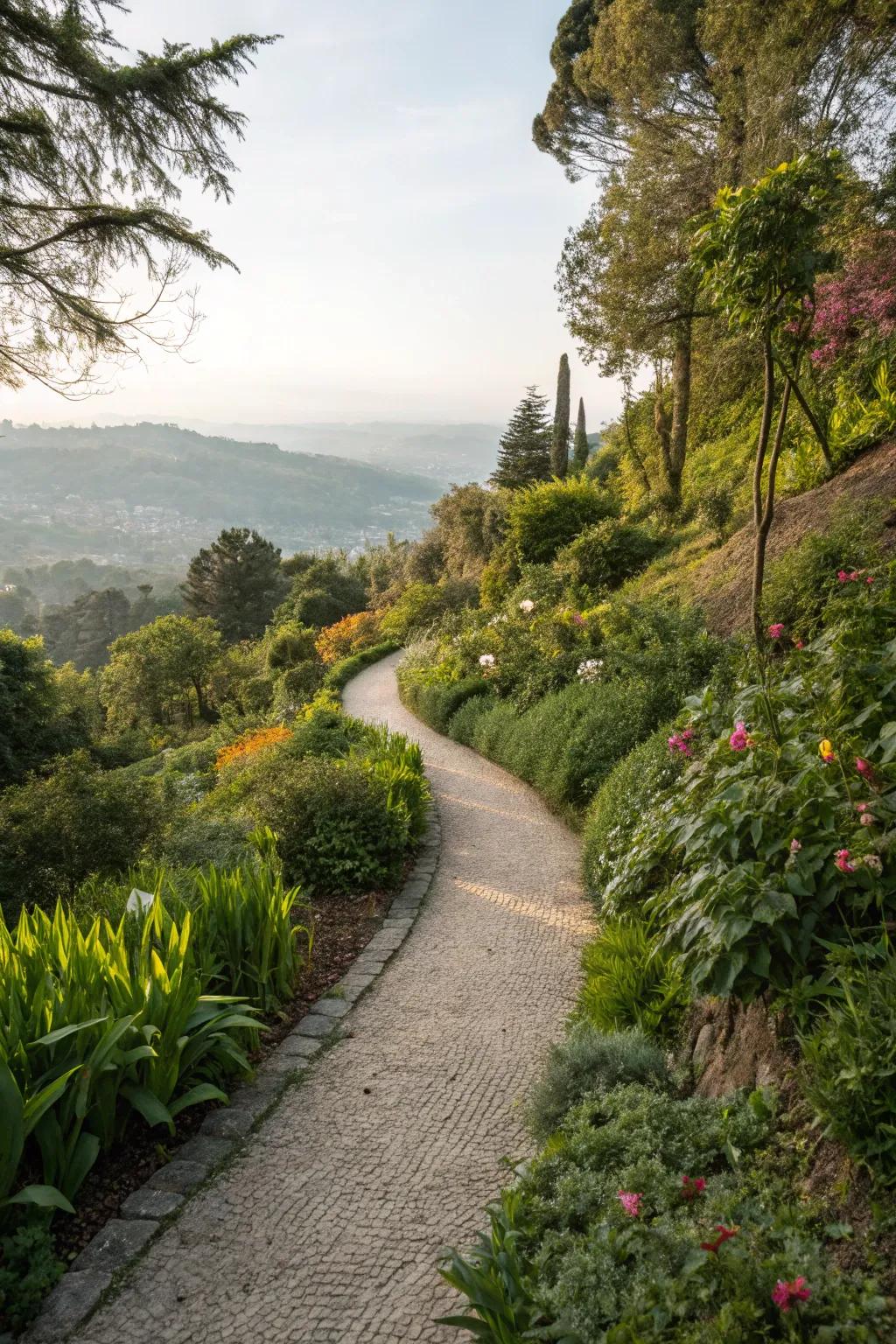 Curved pathways ensure both direction and charm in a sloped garden.
