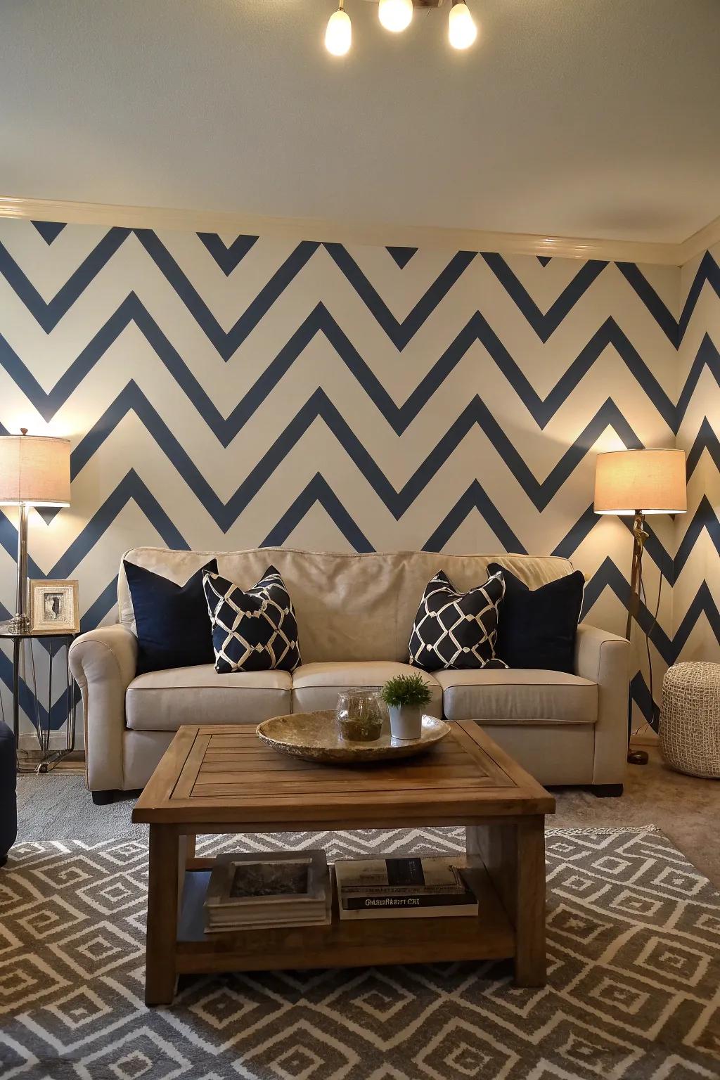 A living room with dynamic chevron geometric wall patterns.