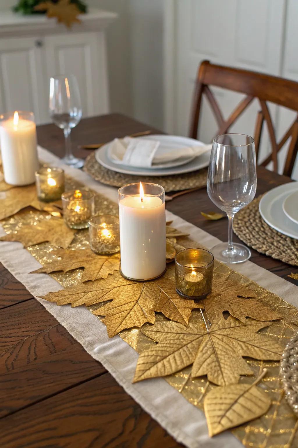 An intriguing gilded-leaf surface covering decorated with glowing candles.