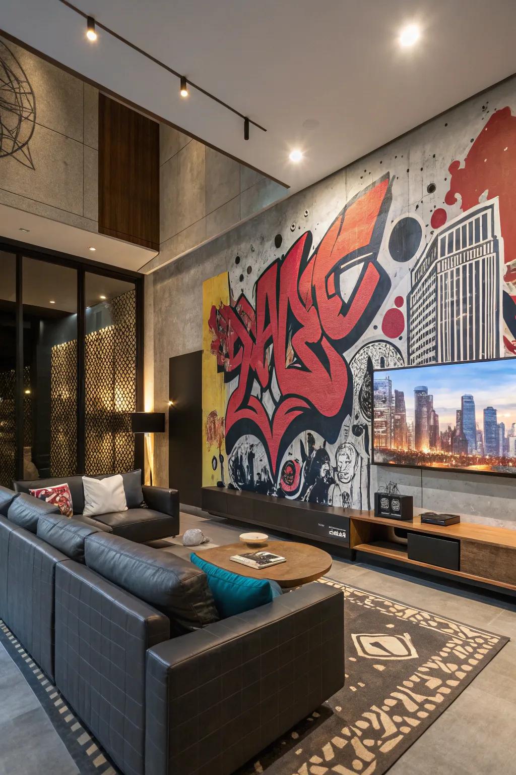 Dynamic urban artwork introducing vibrant hues to the room.