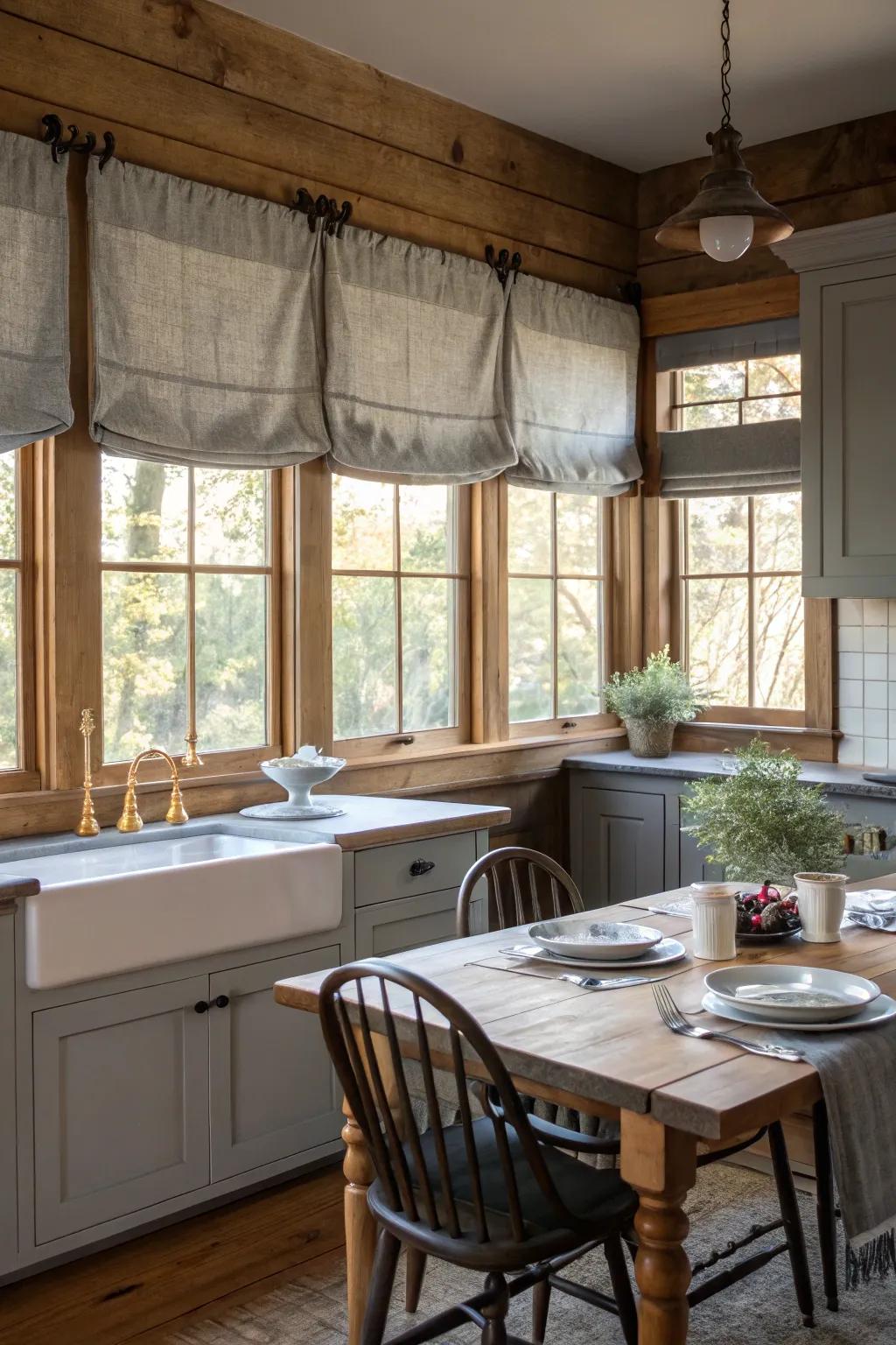 Gray valances add elegant architectural interest to your kitchen windows.