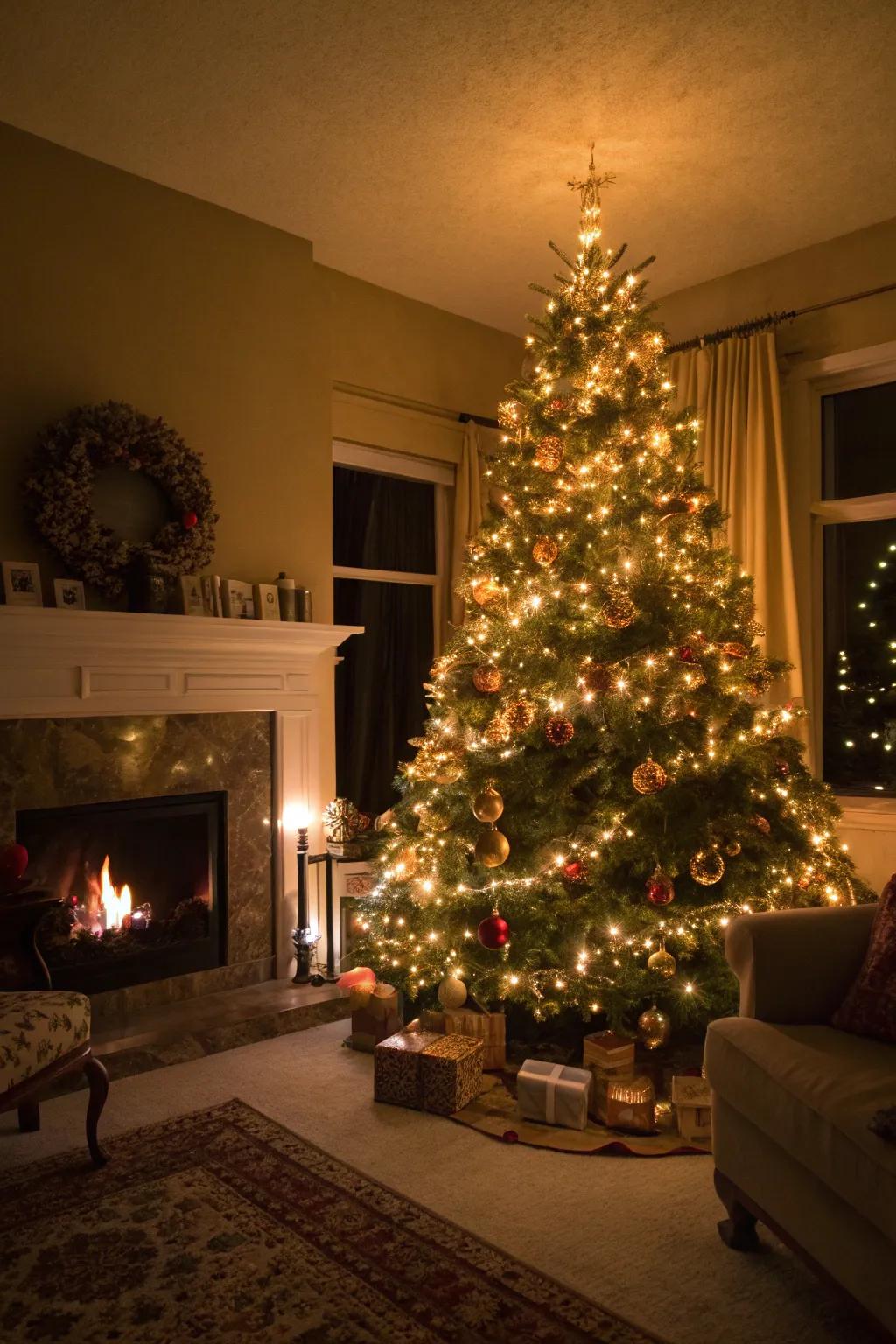 Warm gold lights illuminating a Christmas tree