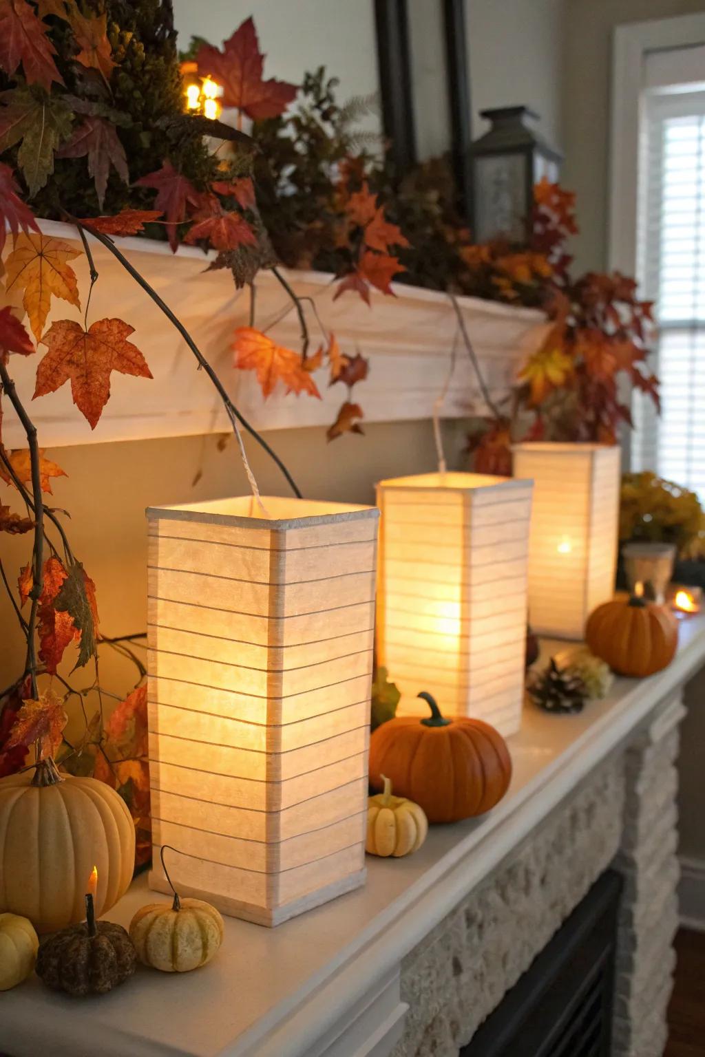 Ghost lanterns cast a cozy, spooky glow