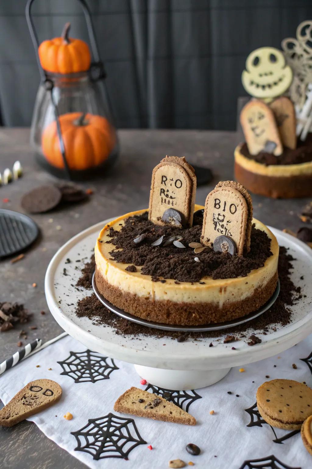 A graveyard tableau featuring biscuit gravestones for a spine-chilling consequence.