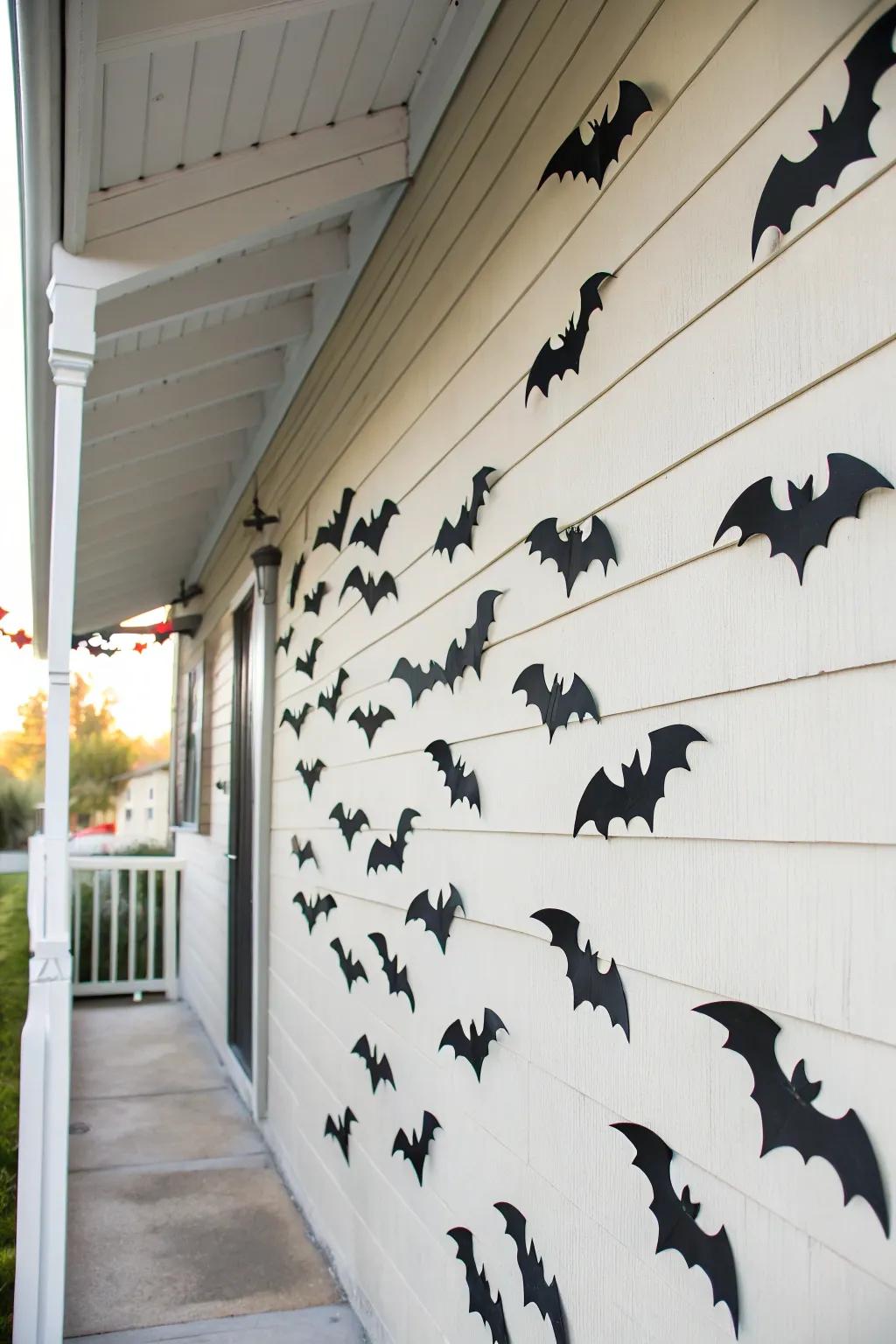 A swarm of bats adds a spooky yet stylish element to this porch.