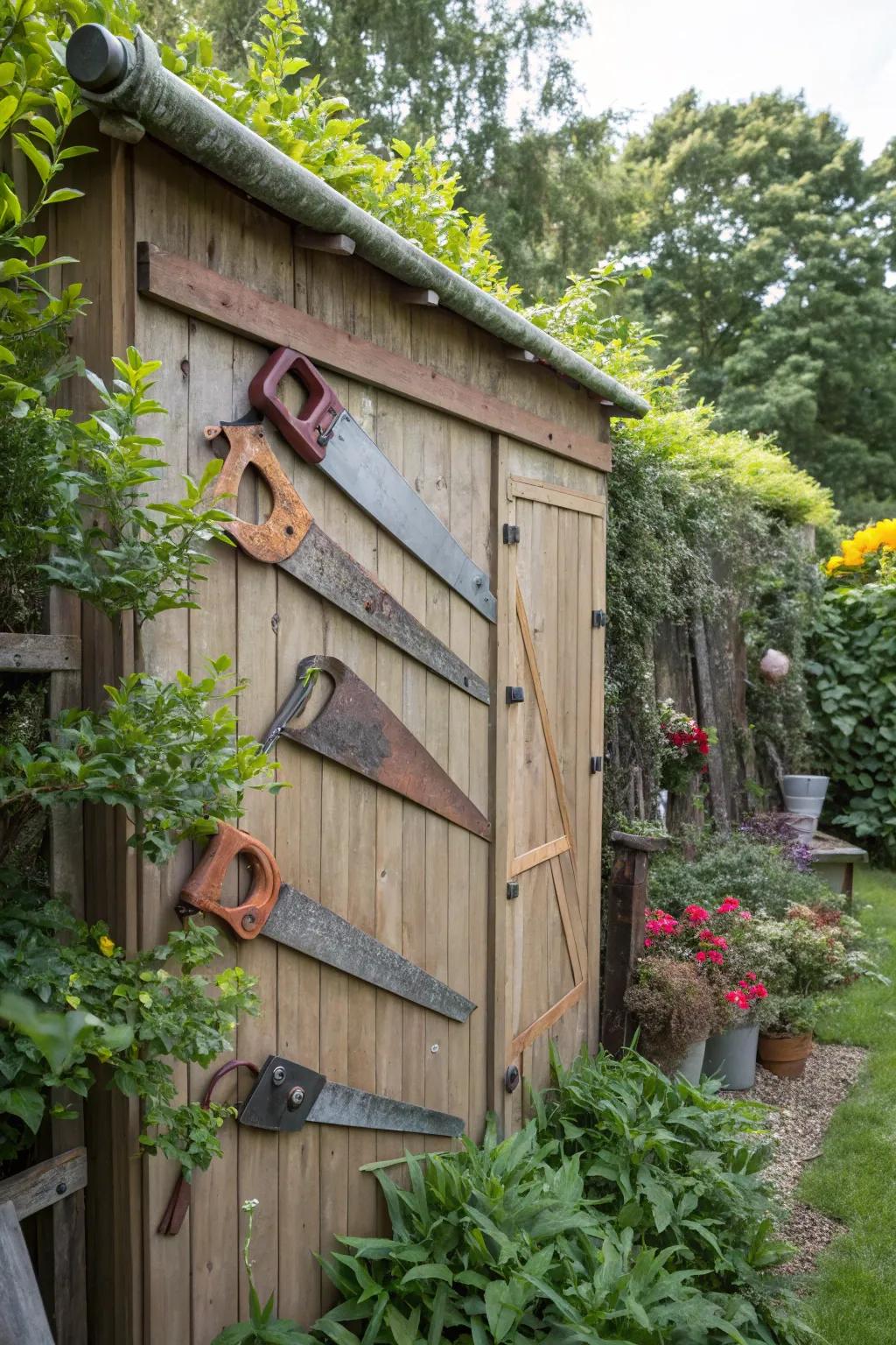 Handsaws arranged as a striking garden shed embellishment.