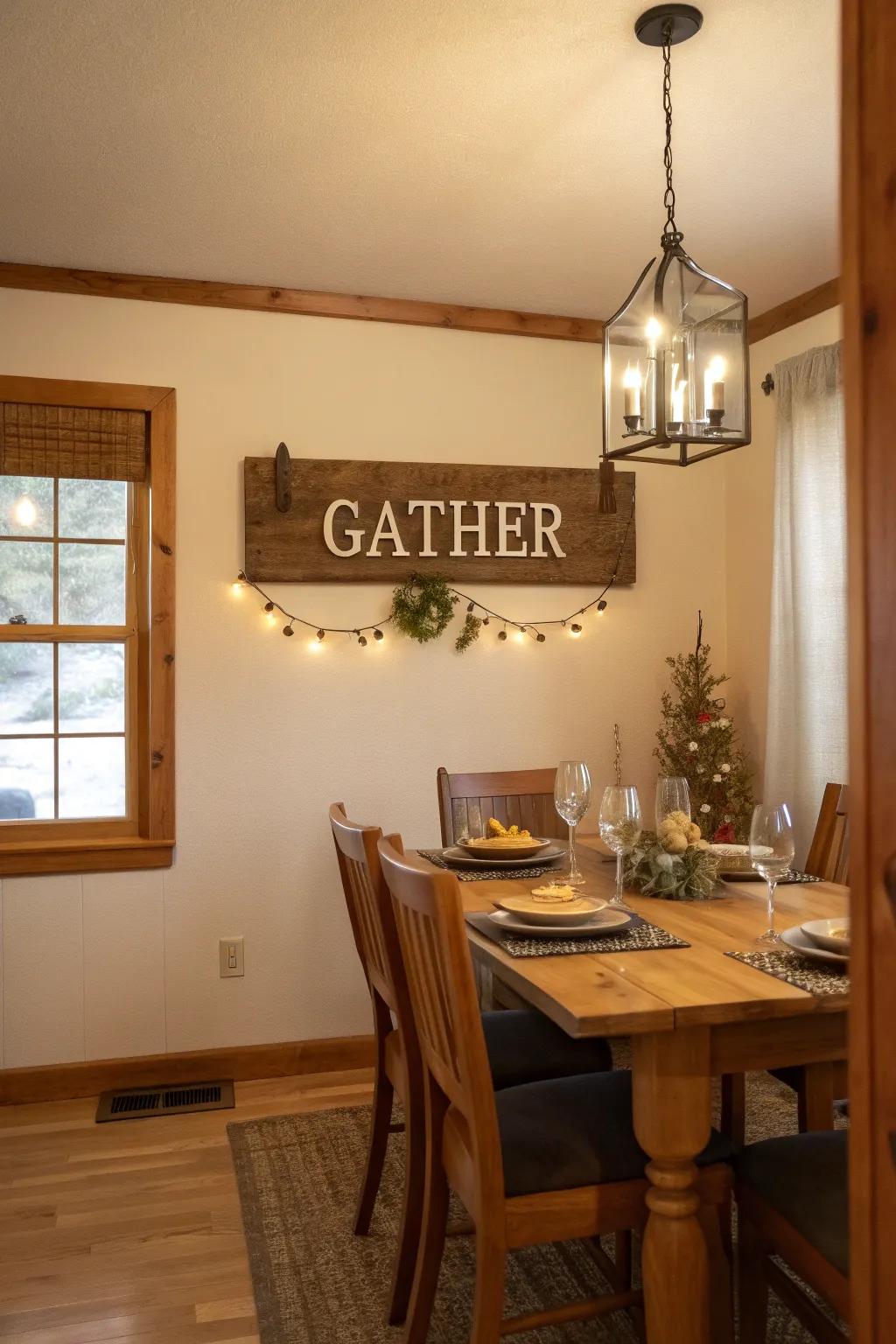 A rustic wooden sign that beckons warmth into the dining space.